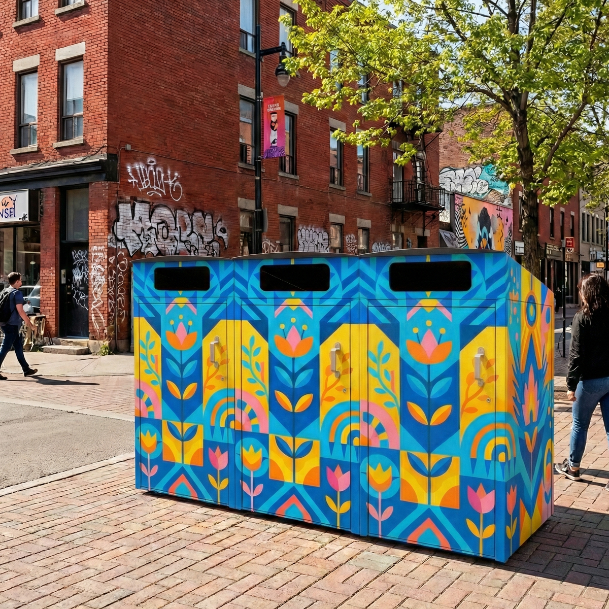 Abri pour bacs roulants Ni Corporation installés dans un espace public extérieur au Québec