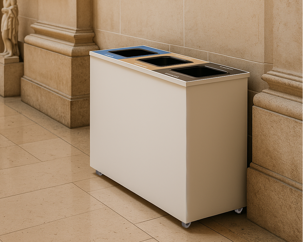 Panorama indoor recycling station in a modern office environment