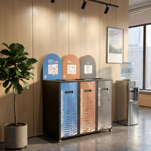 Multi stream waste bins with signs