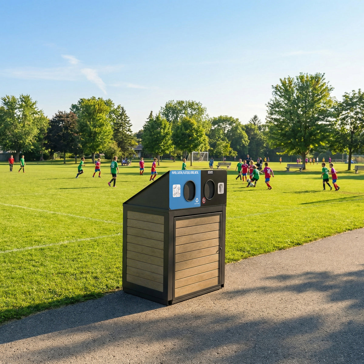 PALISSADE outdoor recycling station next to a soccer field