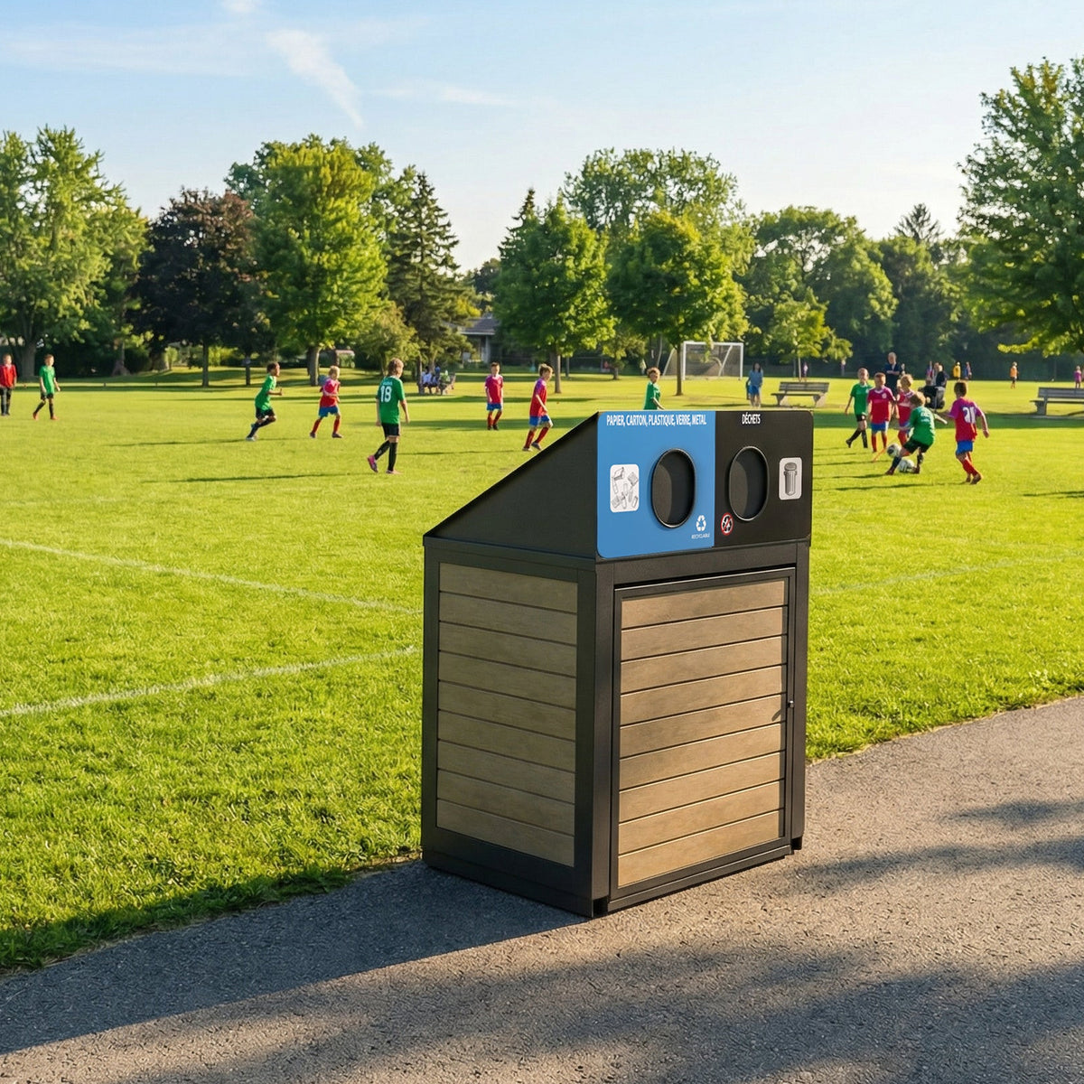 PALISSADE outdoor recycling station next to a soccer field